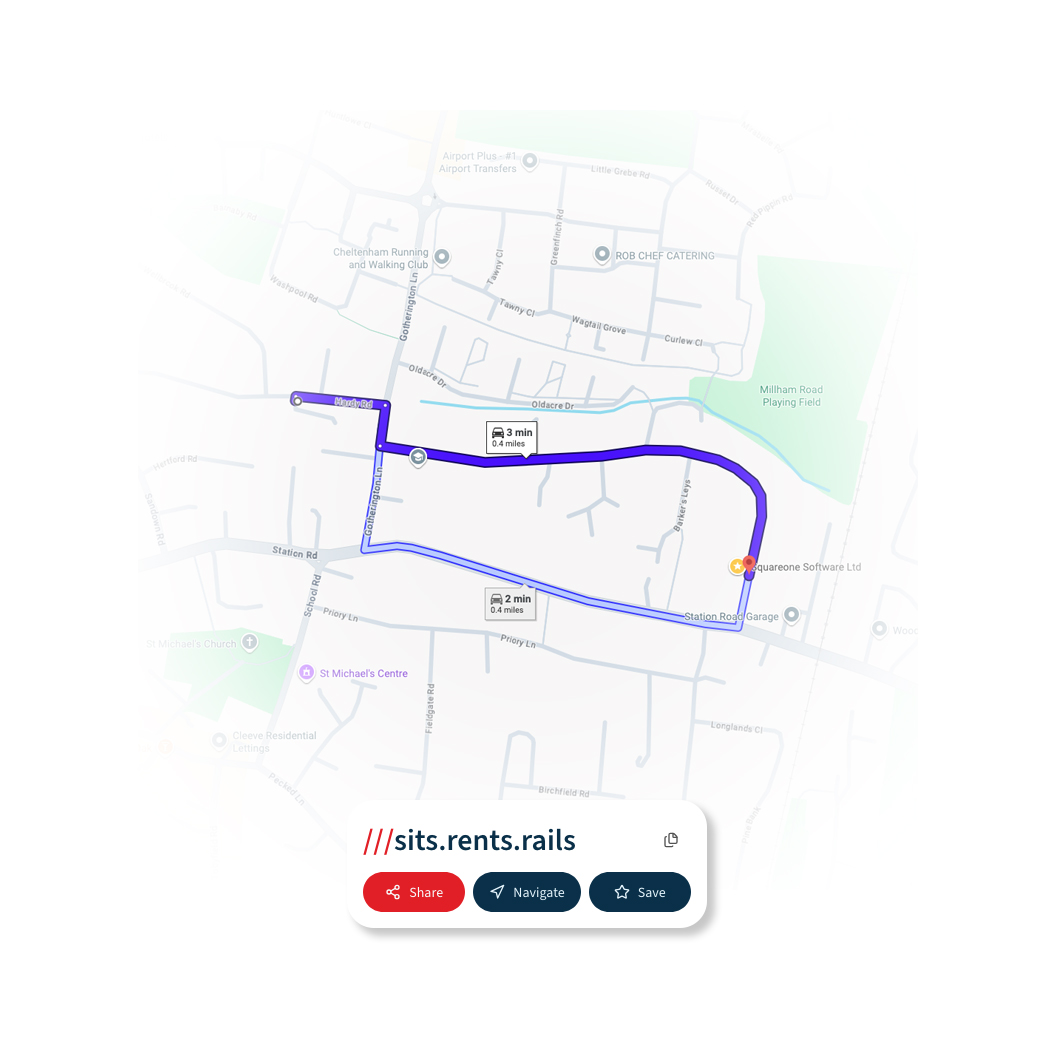 A delivery route drawn on a street map, with the destination pin dropped on the building and the three-word address sits.rents.rails shown on a card beneath it.